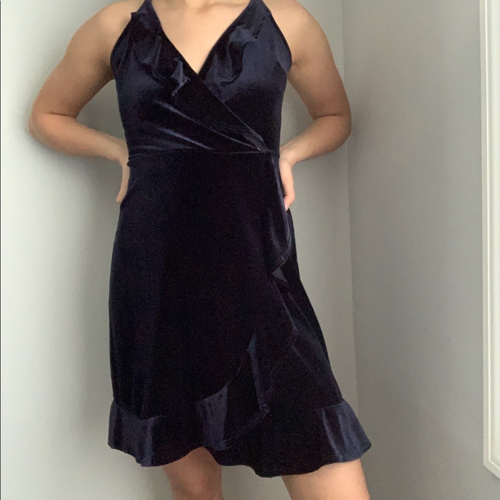 Navy Blue Velvet Formal Mini Dress